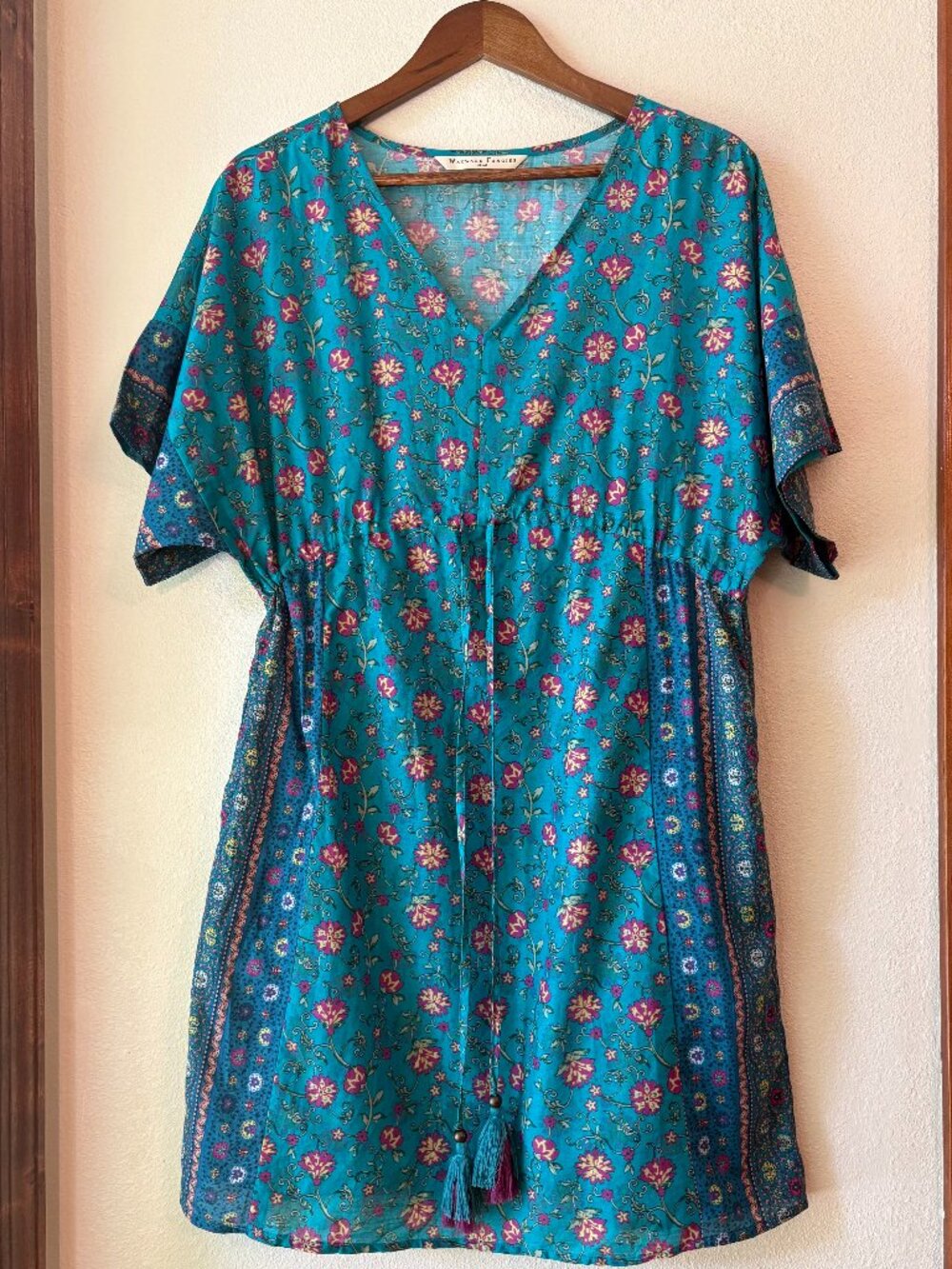 EUC Wayward Fancies Teal Blue Midi Kaftan Dress Floral Bohemian Boho Chic Size M